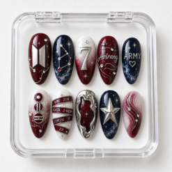 BTS cosmic press-on nails in burgundy, navy and ivory with star maps, silver accents and member names
