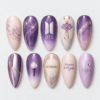 BTS galaxy press-on nails in lavender and blush with starry glitter, gold accents and an ARMY heart