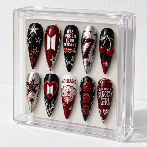 BTS-themed press-on nails with star and cherry patterns