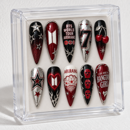 BTS-themed press-on nails with star and cherry patterns