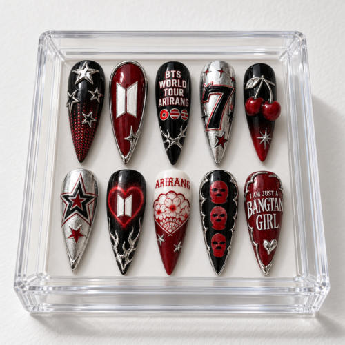 BTS-themed press-on nails with star and cherry patterns
