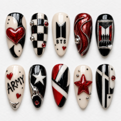 BTS red black press-on nails with checkerboard panels, red hearts, silver accents and group silhouettes