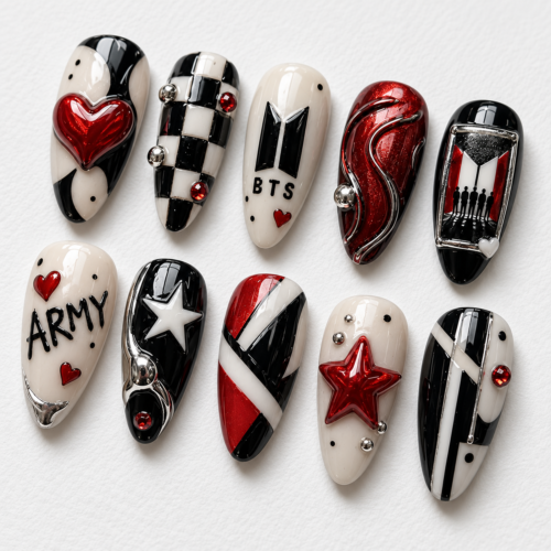 BTS-themed press-on nails in red, featuring "ARMY" lettering and plaid patterns.
