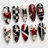 BTS-themed press-on nails in red, featuring "ARMY" lettering and plaid patterns.
