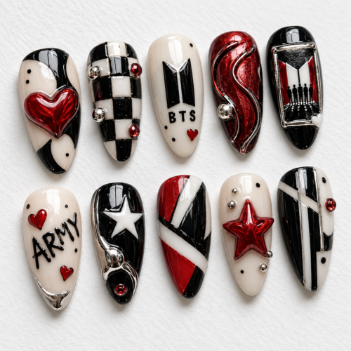 BTS-themed press-on nails in red, featuring "ARMY" lettering and plaid patterns.