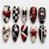 BTS-themed press-on nails in red, featuring "ARMY" lettering and plaid patterns.