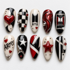 BTS Black Red Heart Checkerboard Press-On Nails