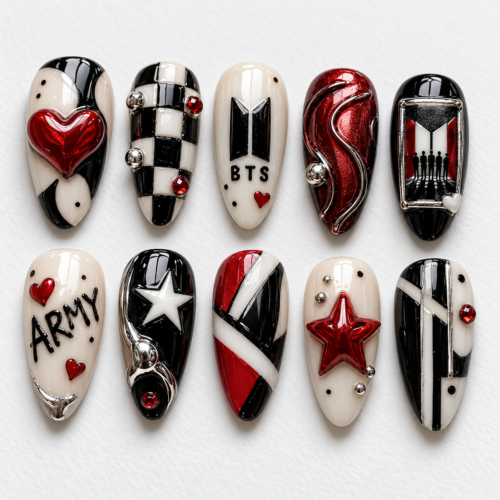 BTS-themed press-on nails in red, featuring "ARMY" lettering and plaid patterns.