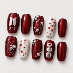 BTS Crimson Pearl Blossom Press-On Nails