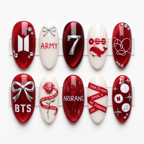 BTS red glitter press-on nails with silver bows, ARIRANG lettering, a rose, whale art and member-name ribbons