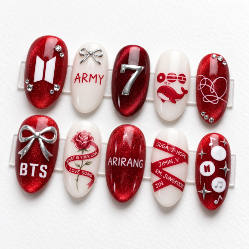 BTS-themed press-on nails in red and black, featuring "ARMY" lettering, bows, the group's logo, and musical notes.