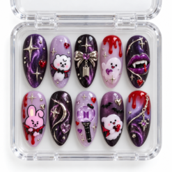 BTS Gothic vampire press-on nails in black, purple and red with galaxy shimmer, fanged lips, moons, ghosts and stars