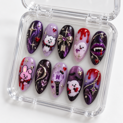 Fanged lips, crescent moons, stars, red drips, ghost-like figures