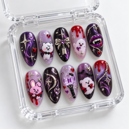 Fanged lips, crescent moons, stars, red drips, ghost-like figures