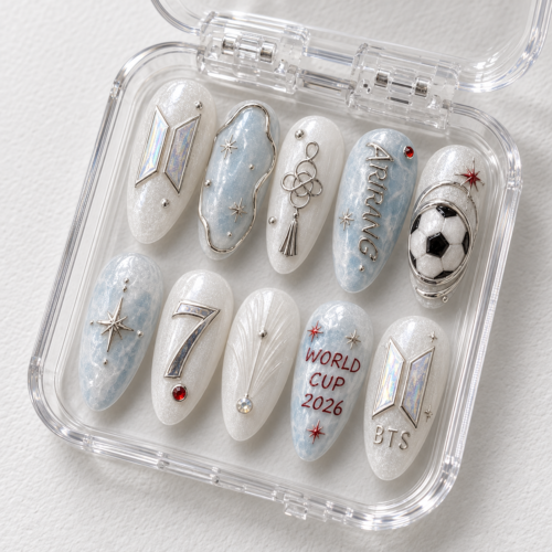 BTS-themed press-on nails featuring a soccer motif