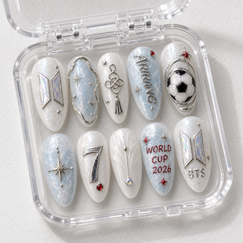BTS-themed press-on nails featuring a soccer motif