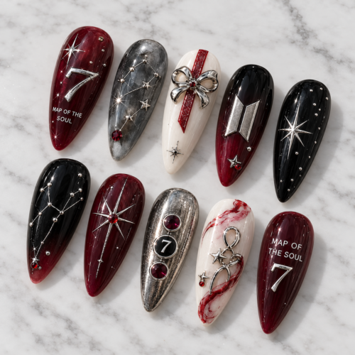 BTS-Inspired Crimson Galaxy Press-On Nails