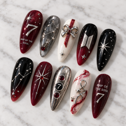 BTS-Inspired Crimson Galaxy Press-On Nails