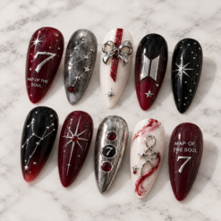 BTS-Inspired Crimson Galaxy Press-On Nails