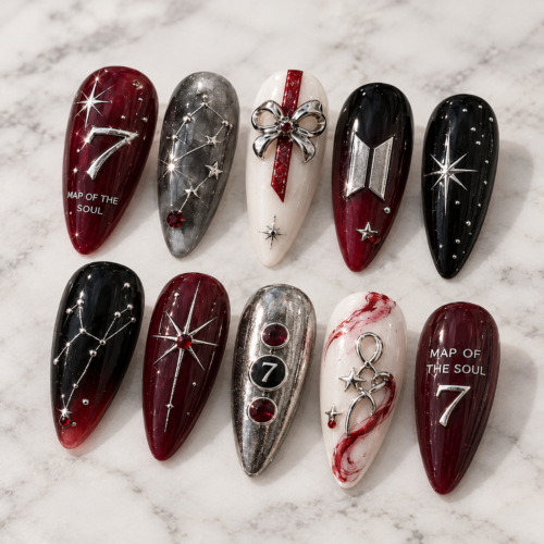 BTS-Inspired Crimson Galaxy Press-On Nails