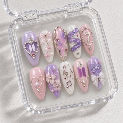 BTS press-on nails featuring members' names and the number 7.