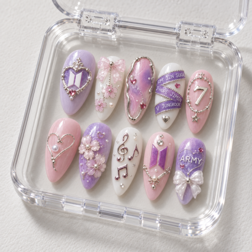 BTS press-on nails featuring members' names and the number 7.