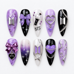 BTS purple star press-on nails with lavender bows, heart details, a light stick and silver accents