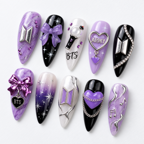 Purple BTS press-on nails with 3D bows (ARMY)