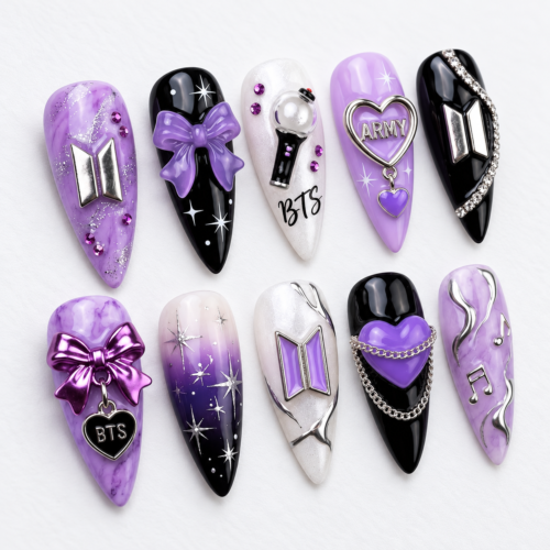 Purple BTS press-on nails with 3D bows (ARMY)