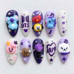 BTS character press-on nails in lavender and white with raised character charms, stars and silver accents