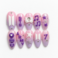 BTS purple press-on nails with pink tones, raised lettering, music notes, stars and silver accents