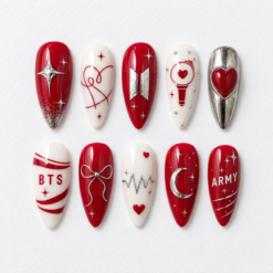 BTS red press-on nails with silver stars, heart motifs, a light stick design and red and white details