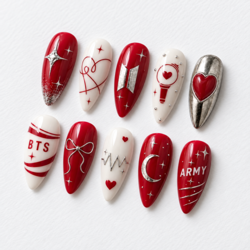 Press-on nails featuring ARMY and moon motif details.
