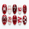 BTS red glitter press-on nails with silver bows, ARIRANG lettering, a rose, whale art and member-name ribbons