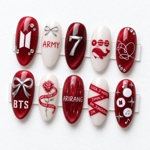 Press-on nails featuring cherry blossom patterns and the BTS logo.