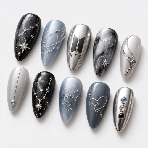 BTS press-on nails featuring the group's logo and the word "ARMY"