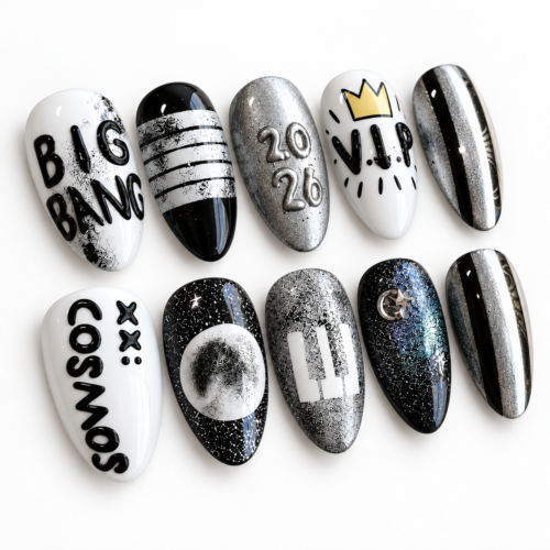 Fan-style lettering, crown, stars press on nails