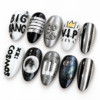 Fan-style lettering, crown, stars press on nails