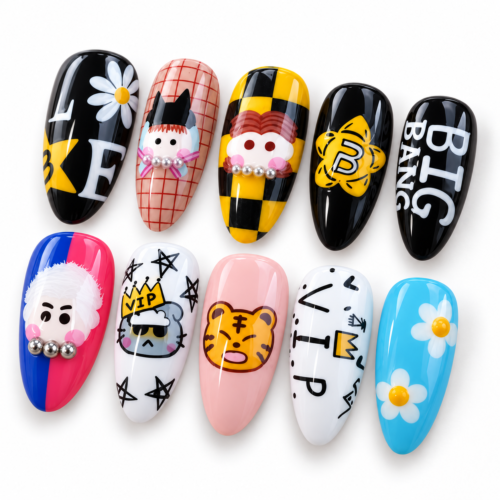 press on nails with bold lettering, stars, checkerboard blocks