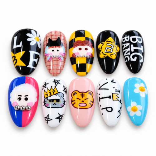 press on nails with bold lettering, stars, checkerboard blocks