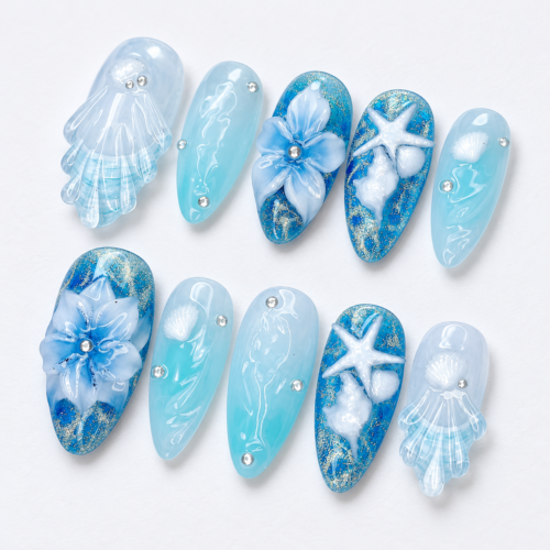 Jellyfish, seashells, starfish and sculpted floral motifs press on nails