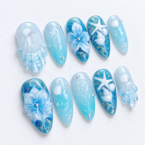 Jellyfish, seashells, starfish and sculpted floral motifs press on nails