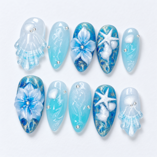 Jellyfish, seashells, starfish and sculpted floral motif press on nails