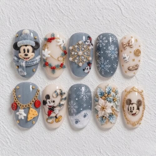 snowflakes, festive florals, mouse-character illustrations press on nails