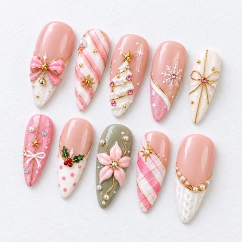 Christmas tree, snowflakes, holly and berries, poinsettia-style flower press on nails