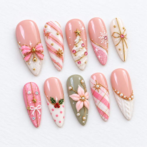 Christmas tree, snowflakes, holly and berries, poinsettia-style flower press on nails