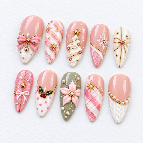 Christmas tree, snowflakes, holly and berries, poinsettia-style flower press on nails