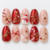 Blush christmas press-on nails with red glitter, gold bows, Christmas trees, snowflakes, a snowman and candy-cane stripes