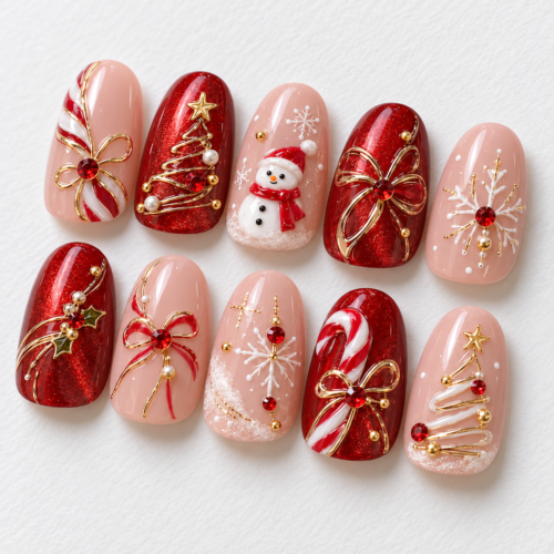 Snowman, Christmas trees, snowflakes, bows press on nails