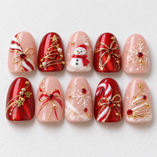 Snowman, Christmas trees, snowflakes, bows press on nails